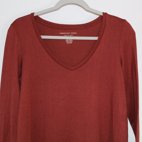 American Eagle Soft and Sexy Plush dark rust/reddish-brown long sleeve tee M - Picture 2 of 7